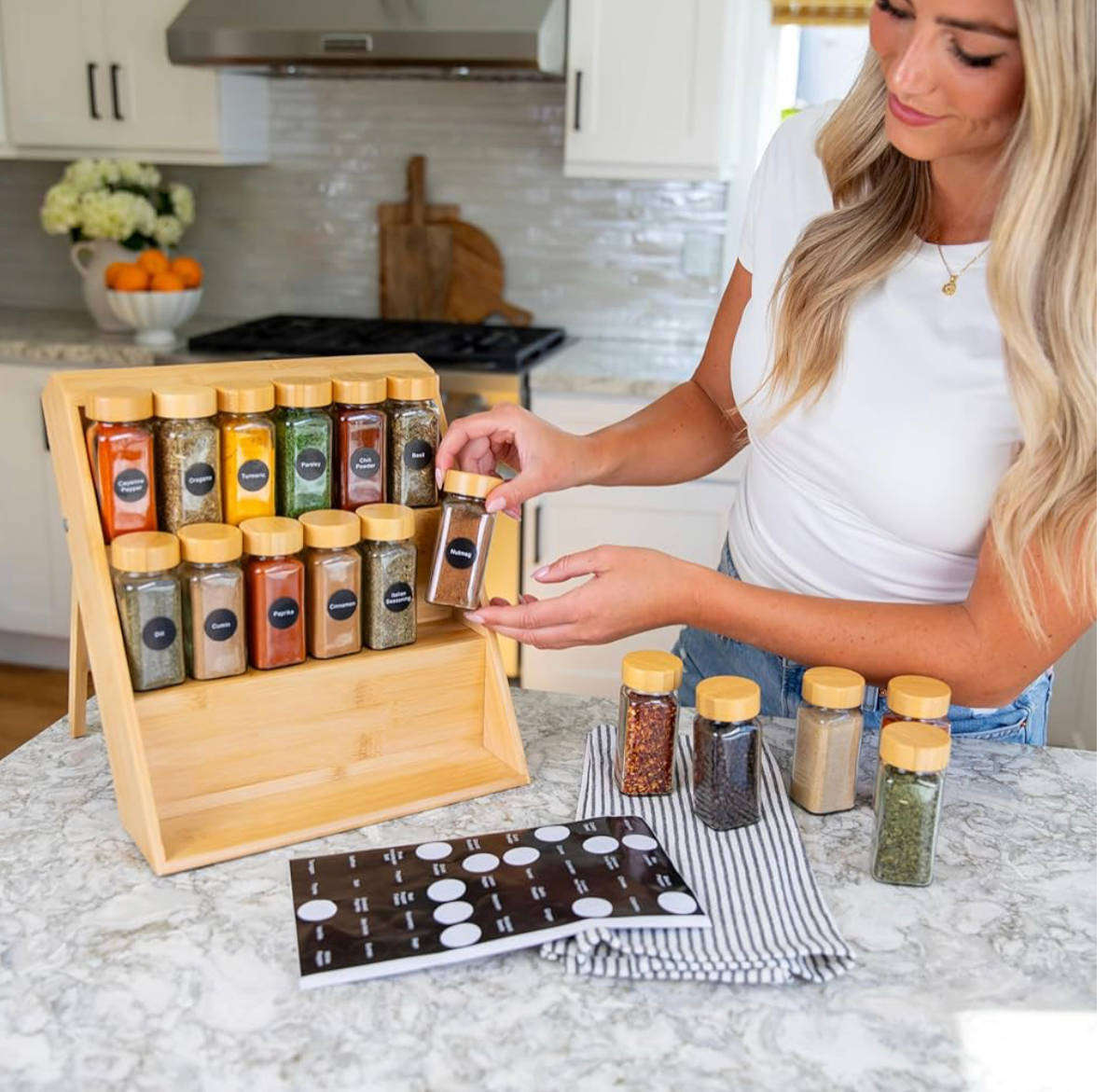 3-Tier bamboo wooden kitchen countertop spice shelf organiser stand