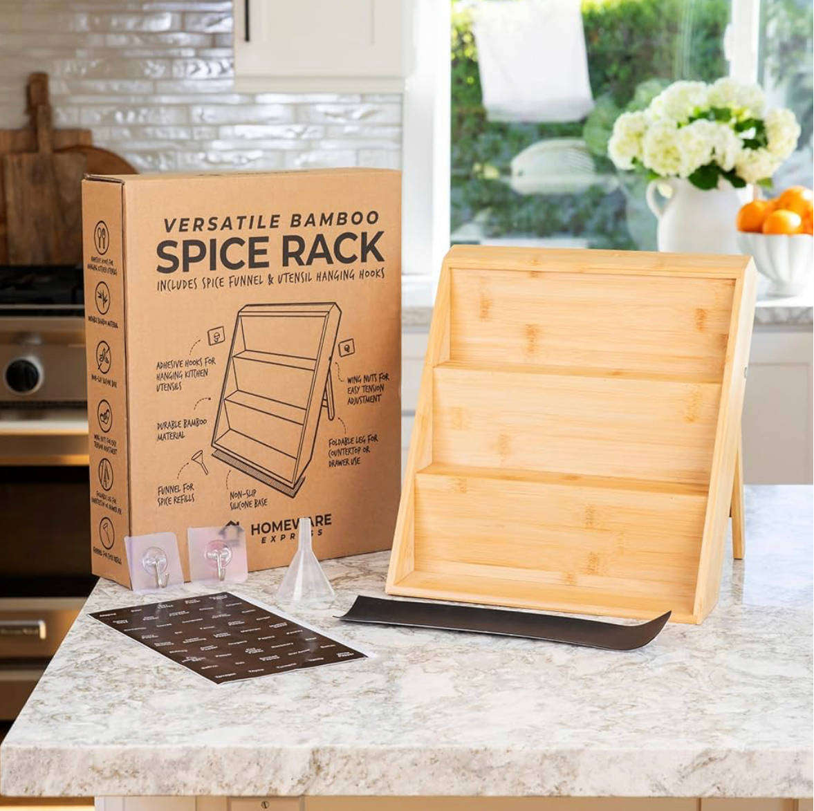3-Tier bamboo wooden kitchen countertop spice shelf organiser stand