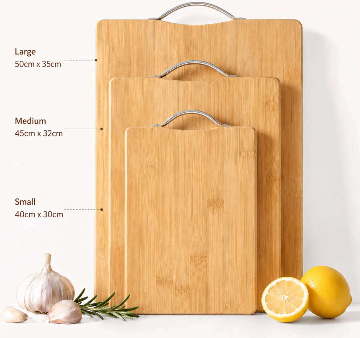 Bamboo Cutting Board Set with Stainless Steel Handles - 3 Piece Kitchen Chopping Boards