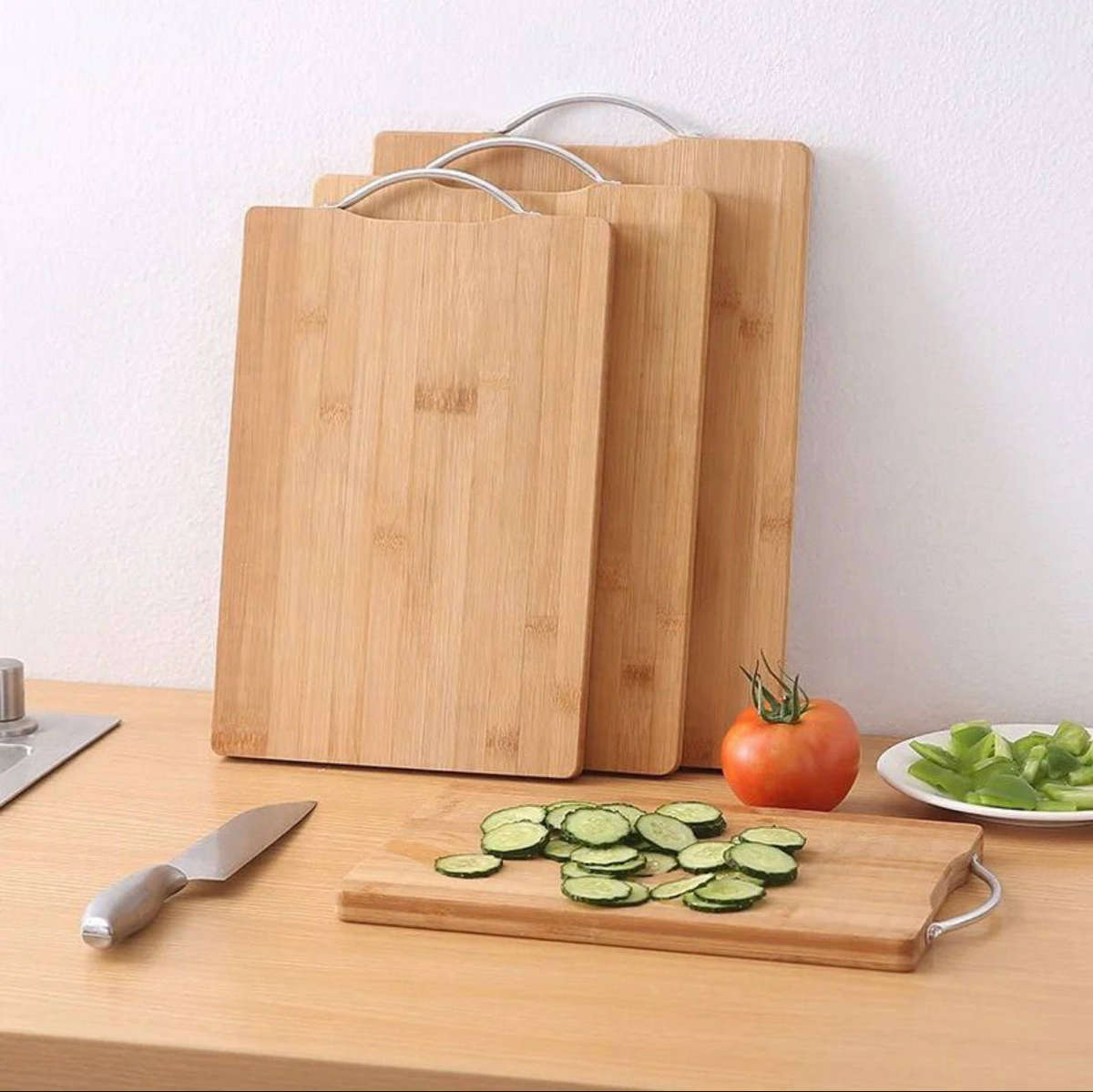 Bamboo Cutting Board Set with Stainless Steel Handles - 3 Piece Kitchen Chopping Boards