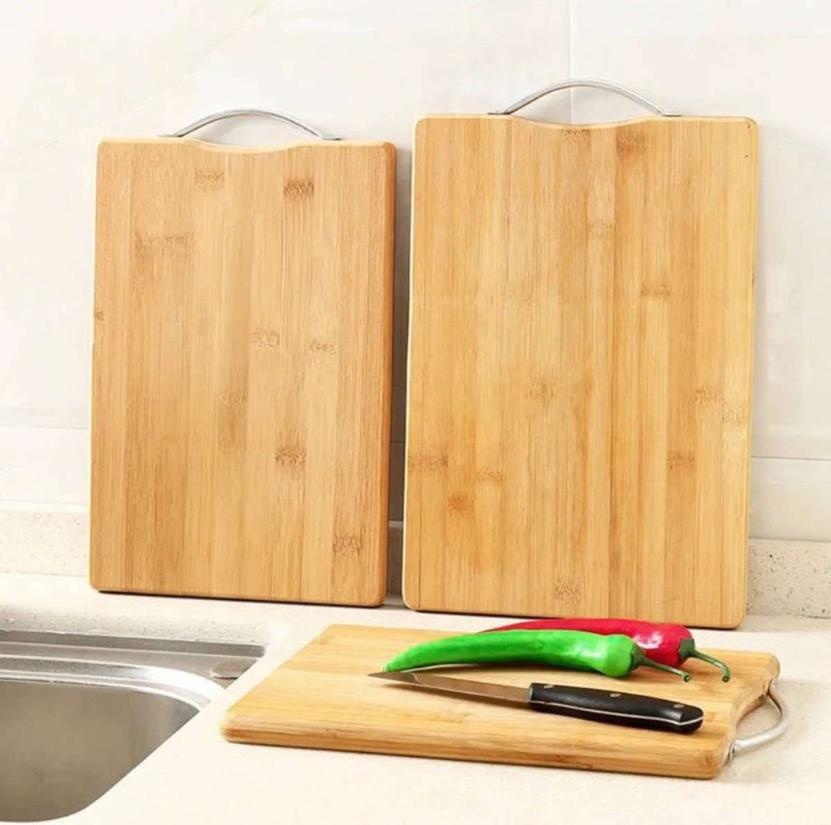 Bamboo Cutting Board Set with Stainless Steel Handles - 3 Piece Kitchen Chopping Boards