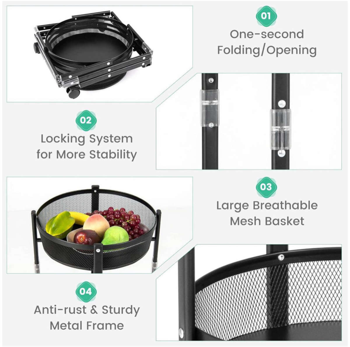 3 Tier Rolling Fruit & Vegetable Storage Basket - Kitchen Storage & Organisation