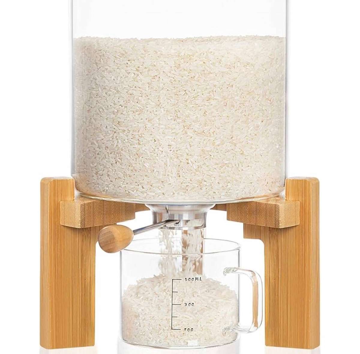 Glass dry ingredients dispenser with bamboo stand & measuring cup 5.5L / 8L