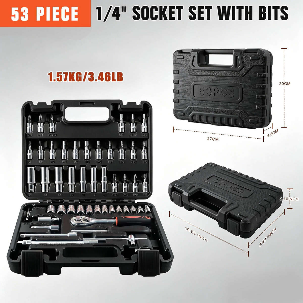 53 Pieces Socket Wrench Set Drive Socket Set with 1/4 Inch Ratcheting Wrench Plastic Toolbox Storage