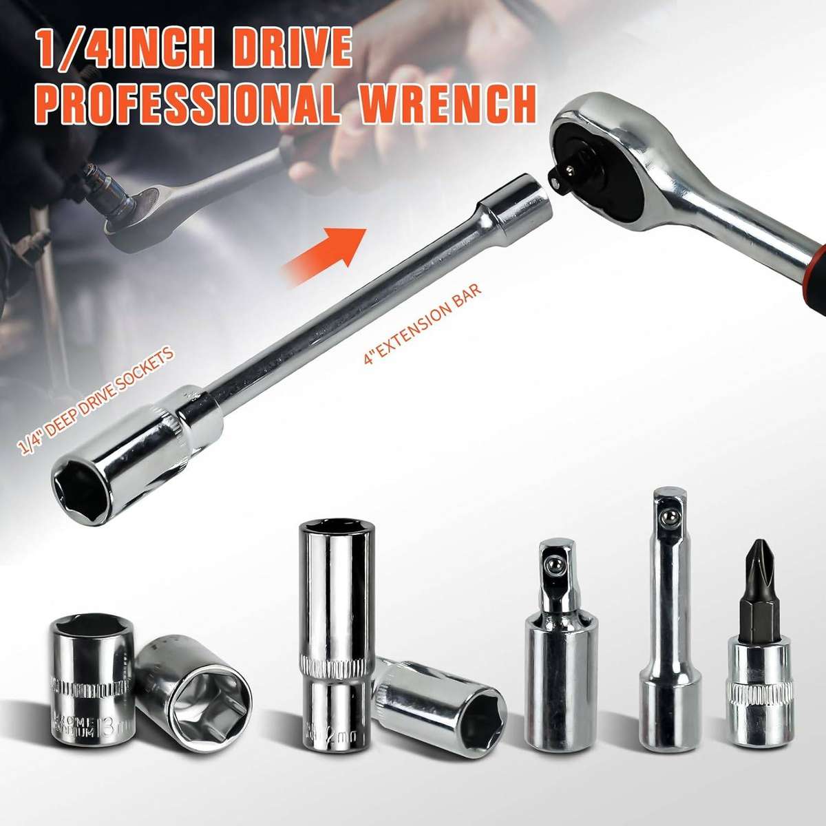 53 Pieces Socket Wrench Set Drive Socket Set with 1/4 Inch Ratcheting Wrench Plastic Toolbox Storage