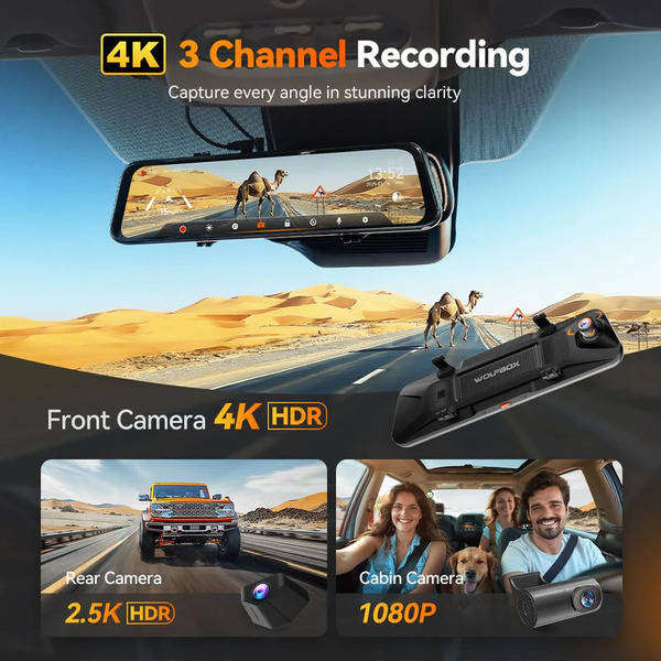 WOLFBOX G900 TriPro Dash Cam - 4K Front + 2.5K Rear + 1080P Cabin Cameras