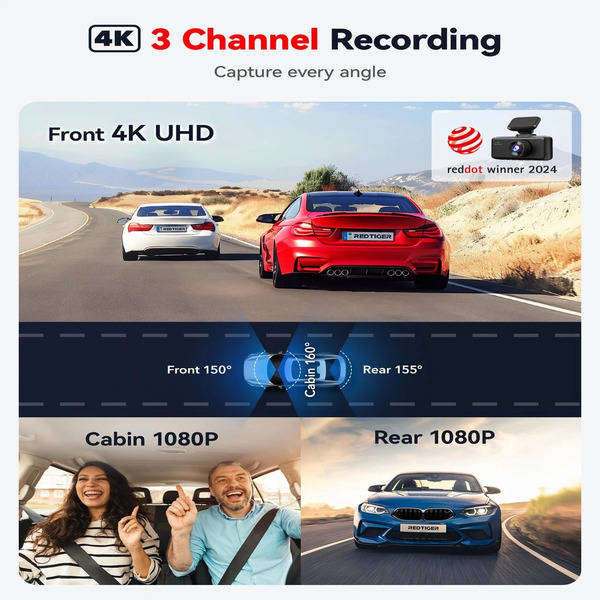 Redtiger F17 Elite 3-Channel Dash Cam - 4K Front, 1080P Inside & Rear