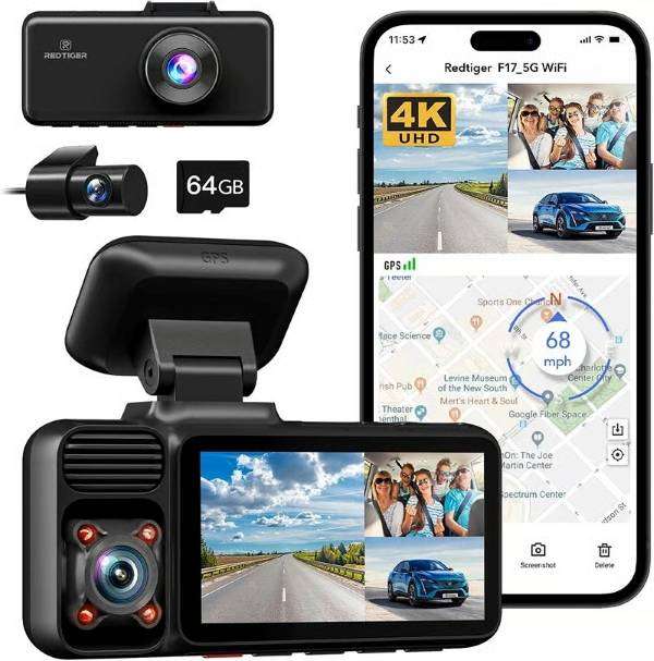 Redtiger F17 Elite 3-Channel Dash Cam - 4K Front, 1080P Inside & Rear