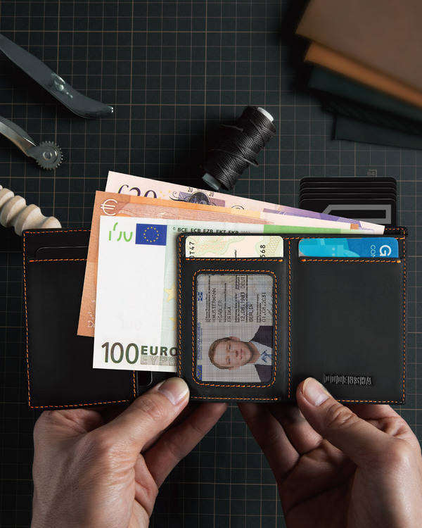 Dodensha (DDS) RFID Leather AirTag Wallet with Pop-Up Card Holder - Orange