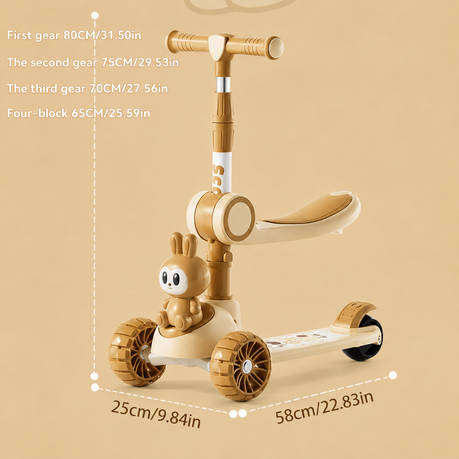 Kids 3 Wheel Scooter Adjustable Foldable with Lights & Music Brown
