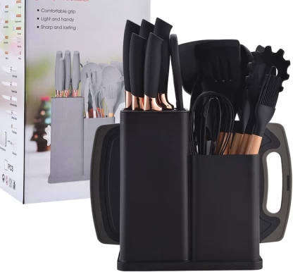 19-Piece Kitchen Utensil Set with Knife Block, Cutting Boards & Kitchen Storage Canisters  Black