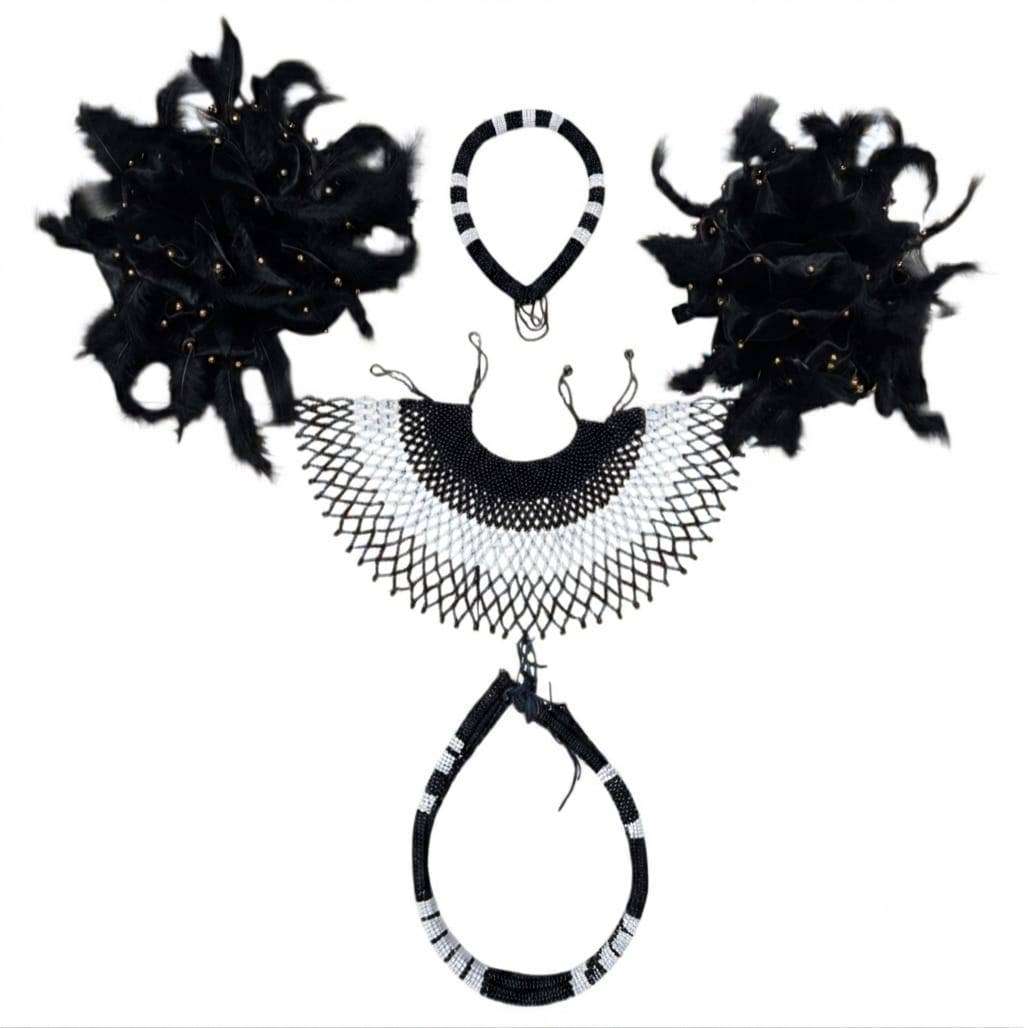 African Traditional Beaded Accessories Set  White & Black (5-Piece)
