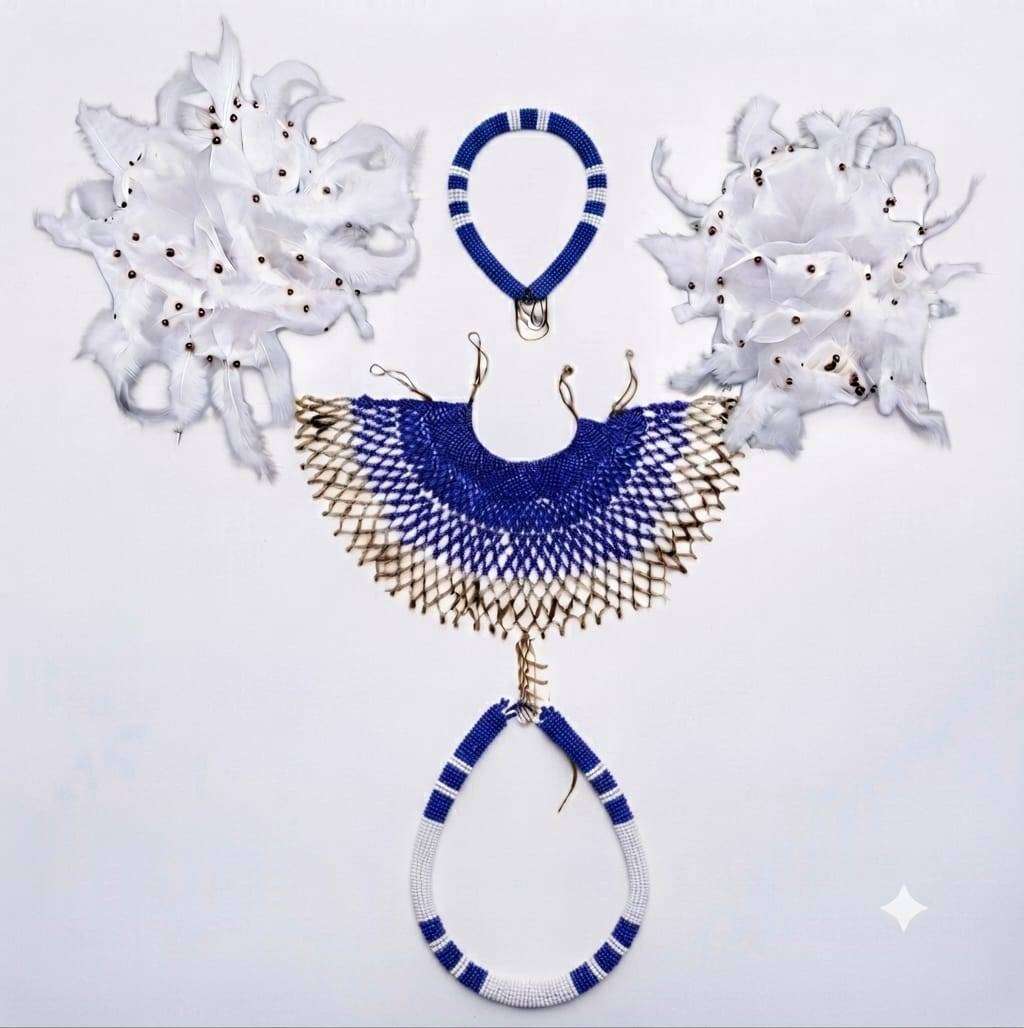 African Traditional Beaded Accessories Set  White & Black (5-Piece)