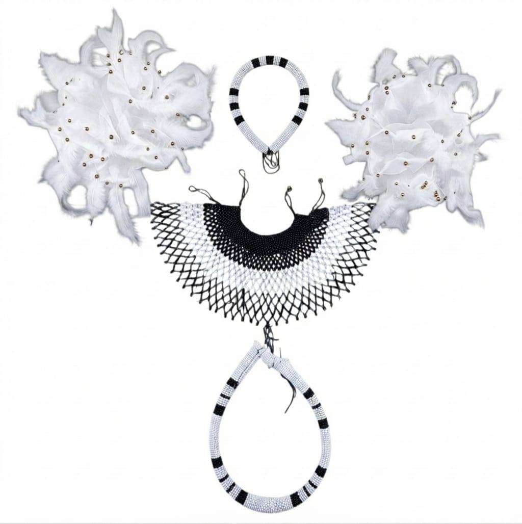 African Traditional Beaded Accessories Set  White & Black (5-Piece)