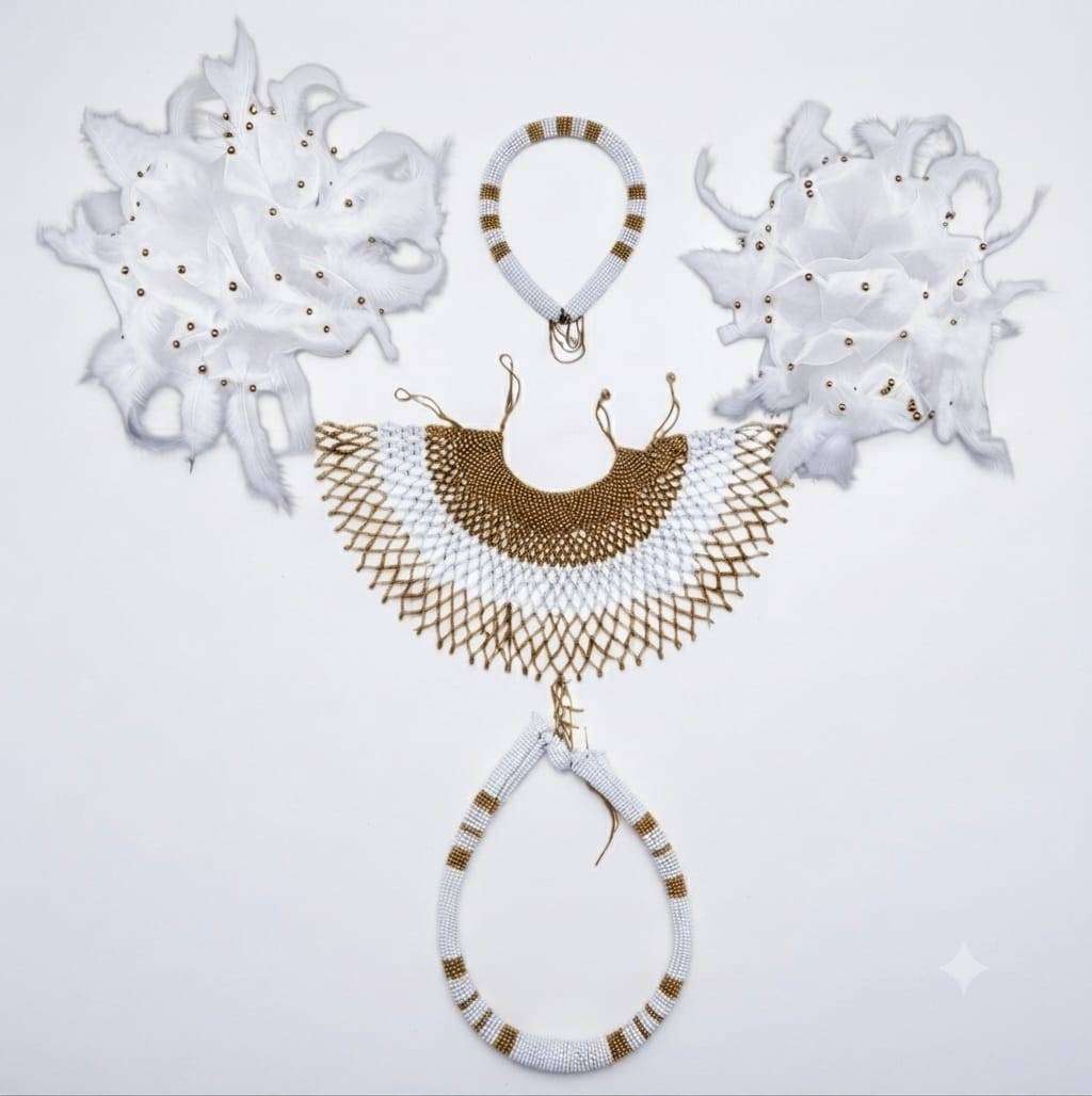 African Traditional Beaded Accessories Set  White & Black (5-Piece)