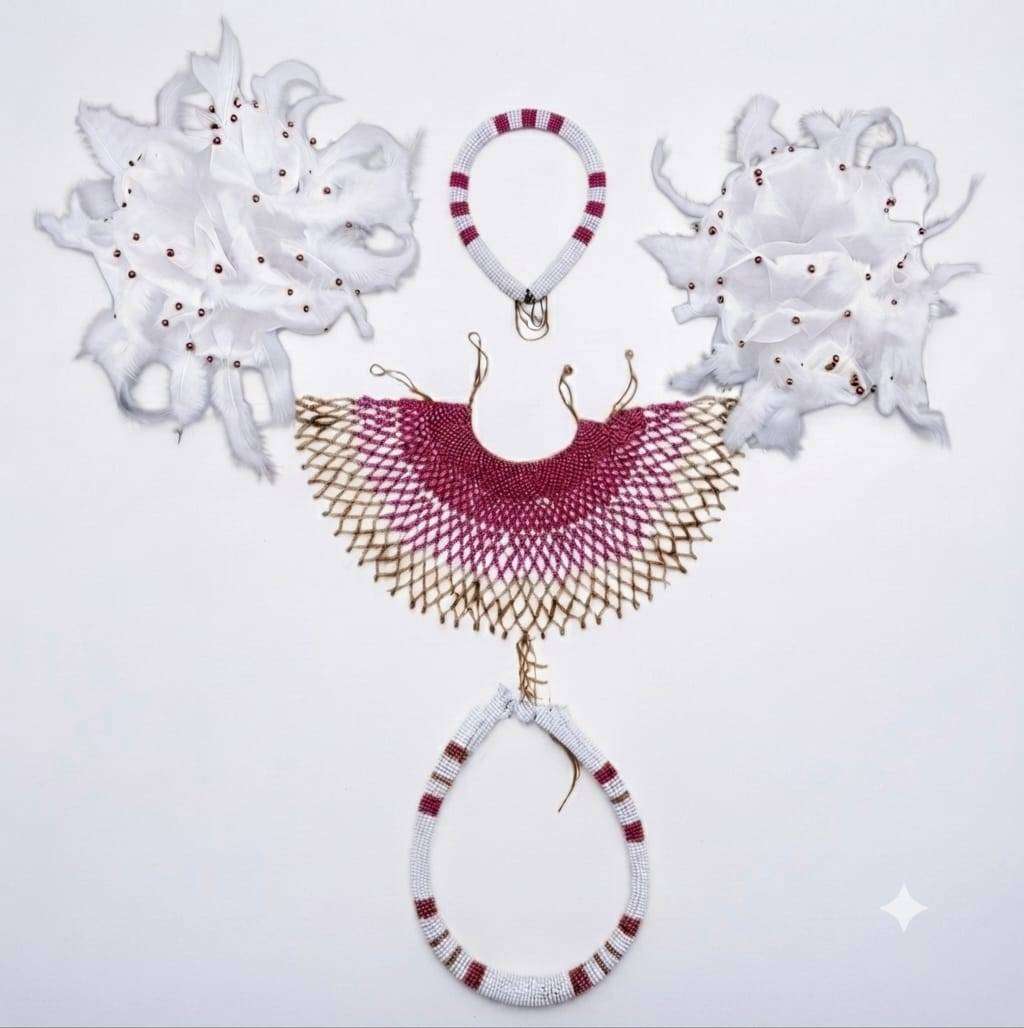 African Traditional Beaded Accessories Set  White & Black (5-Piece)
