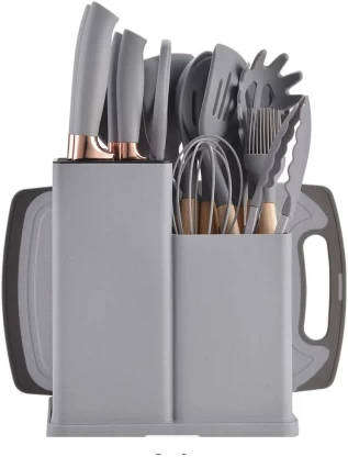 19-Piece Kitchen Utensil Set with Knife Block, Cutting Boards & Kitchen Storage Canisters Grey
