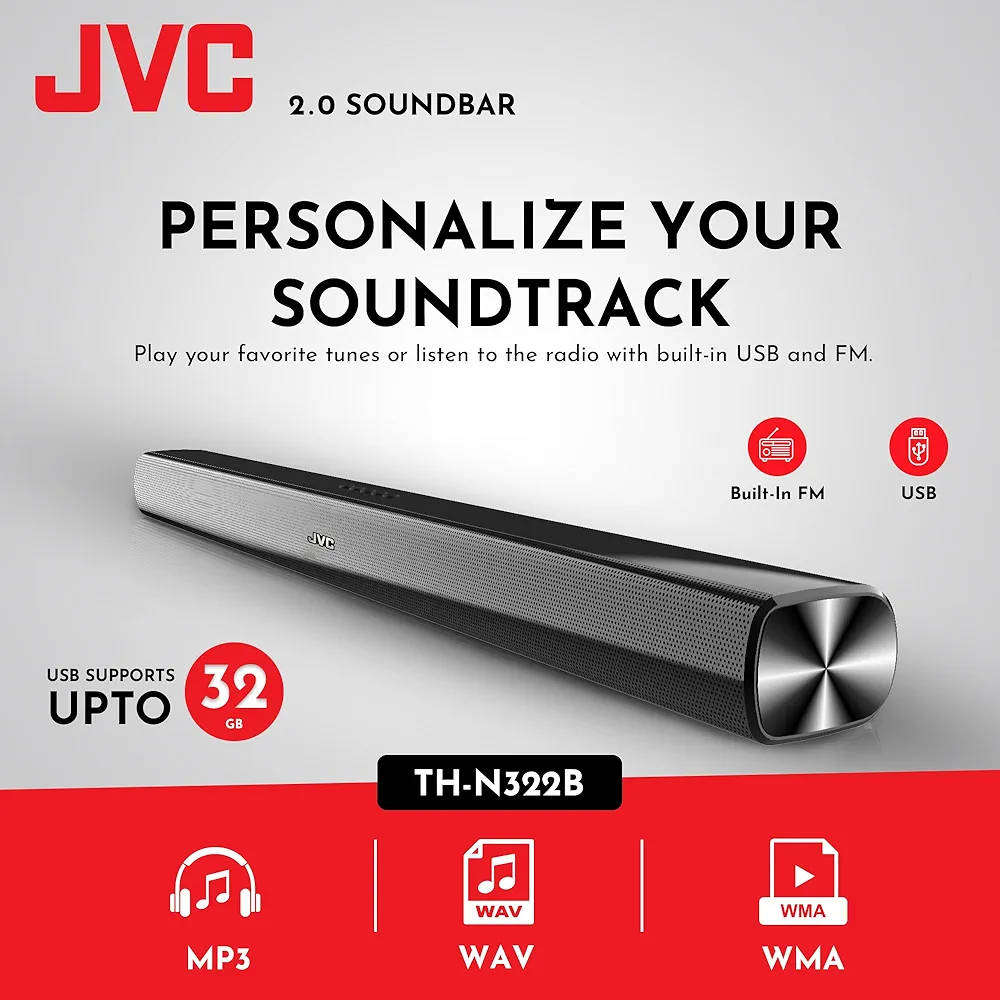 JVC 2.0 WIRELESS BLUETOOTH SOUNDBAR, CLEAR AND SMOOTH SOUND