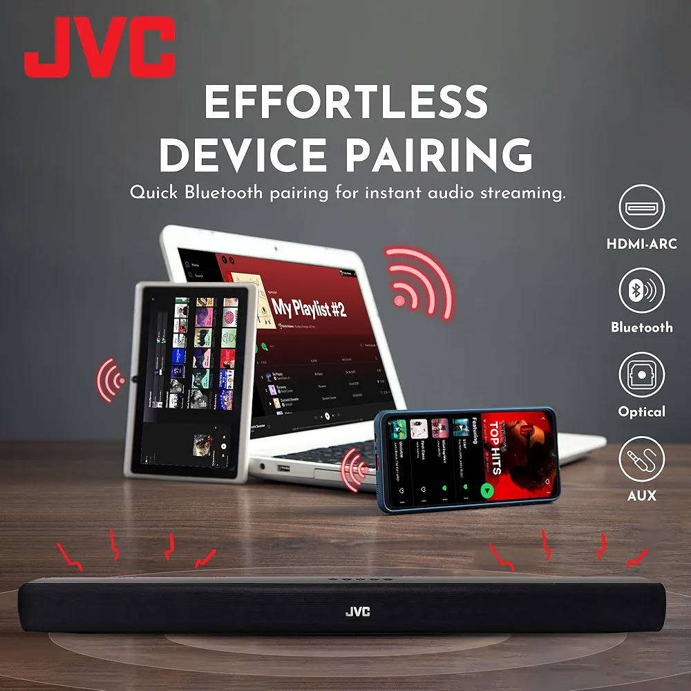 JVC 2.0 WIRELESS BLUETOOTH SOUNDBAR, CLEAR AND SMOOTH SOUND