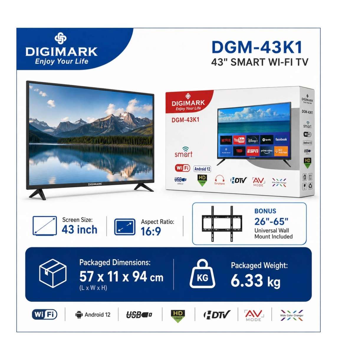 Digimark - 43" HD LED Smart TV with Wall Mount