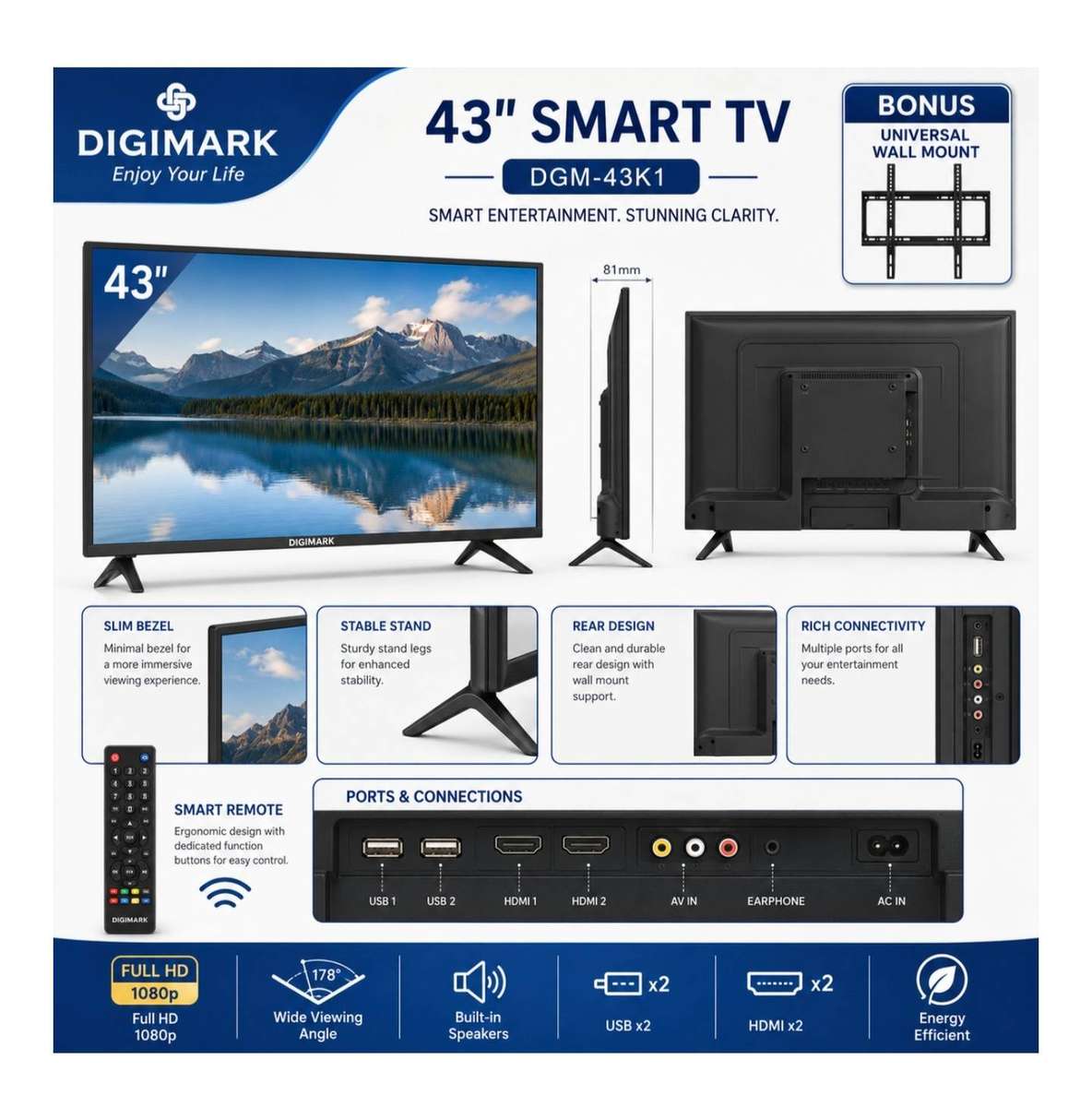 Digimark - 43" HD LED Smart TV with Wall Mount