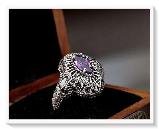 A Stunning Bohemian Style Silver Filigree Metal Ring with Purple Amethyst Zircon - Size 8