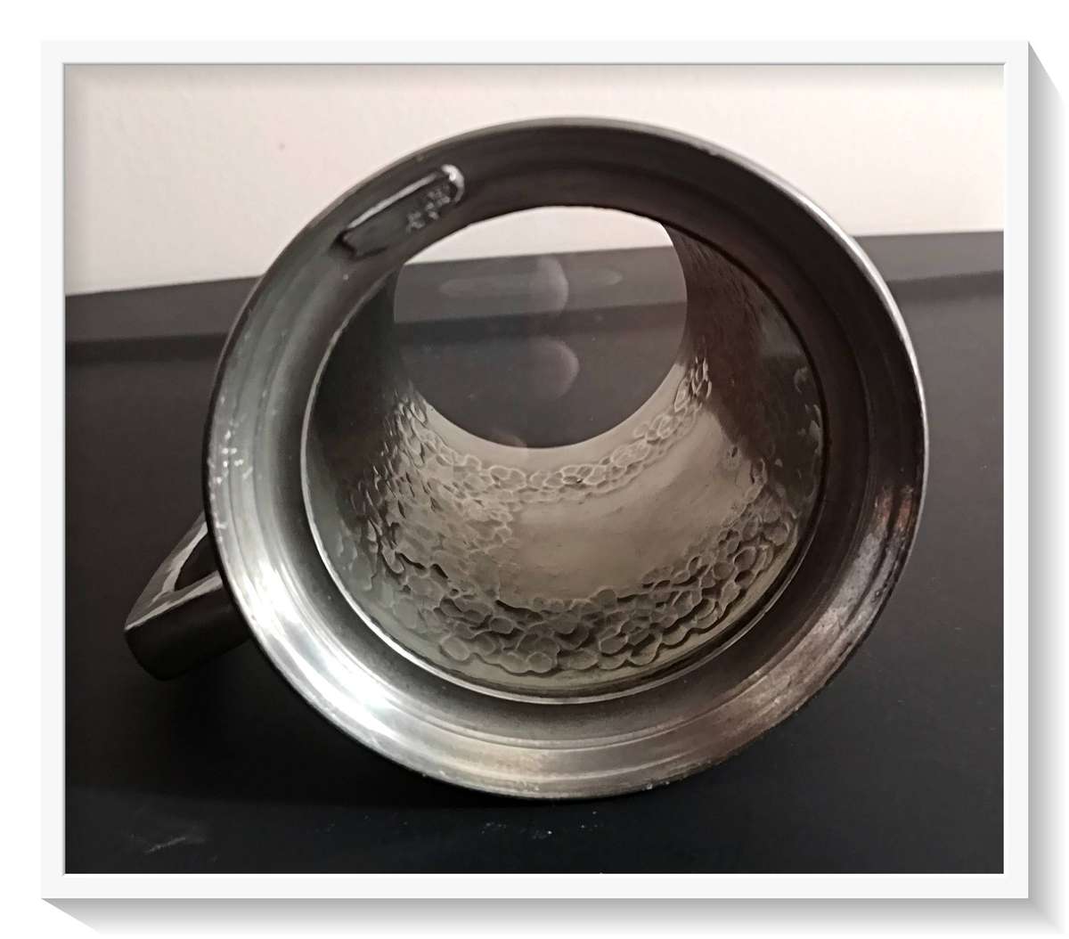 An Authentic Large Pewter Hammered Beer Mug with no Inscriptions with clear glass bottom ***