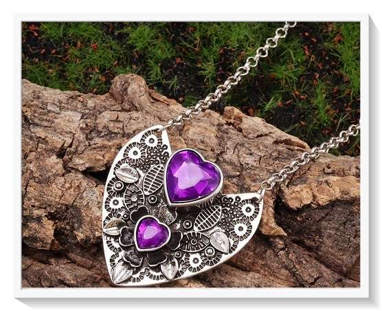 Necklace Heart Shaped Flower Designs on Metal with Two Created puple Amythist Hearts