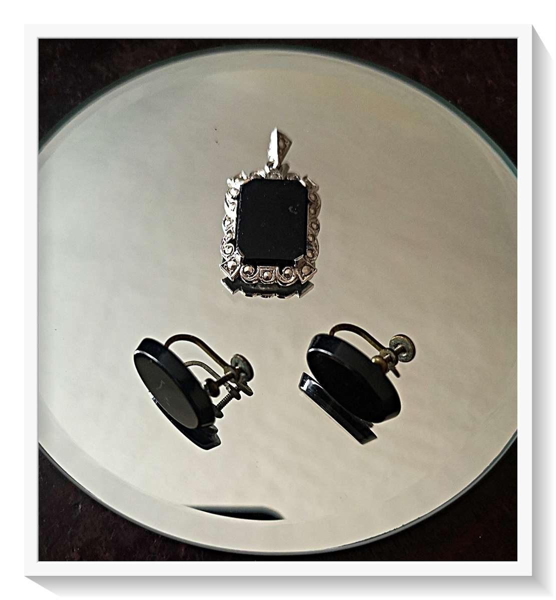 Vintage Black Bakelite Earrings and a Marcasite Studded Pendant - Condition: Good*