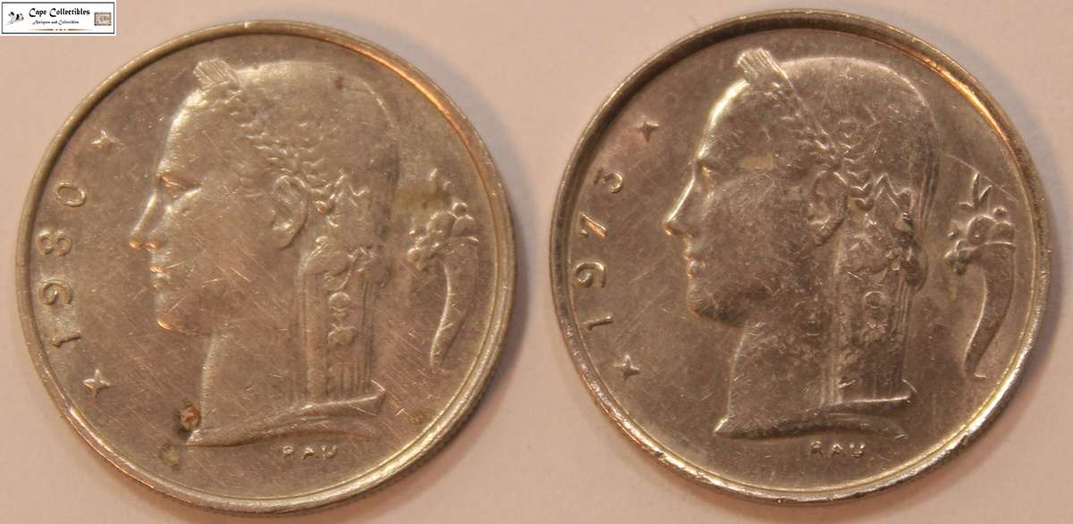 2 x Belgium 1 Franc Coins 1973 & 1980 Circulated