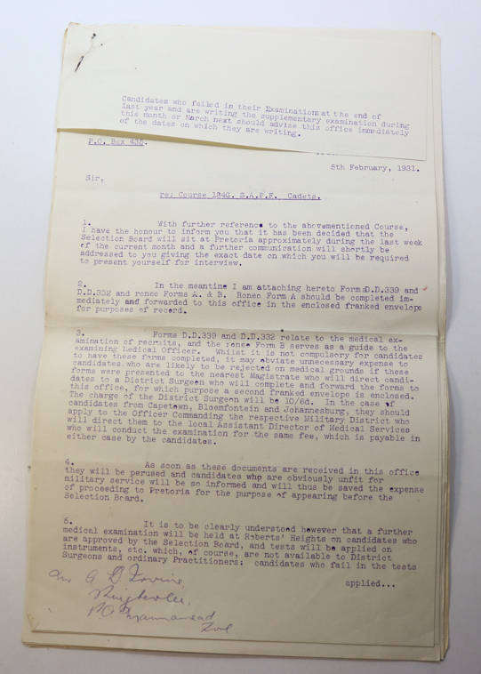 Cadet Training Correspondence February 1931 for Course 184G Zwartkops