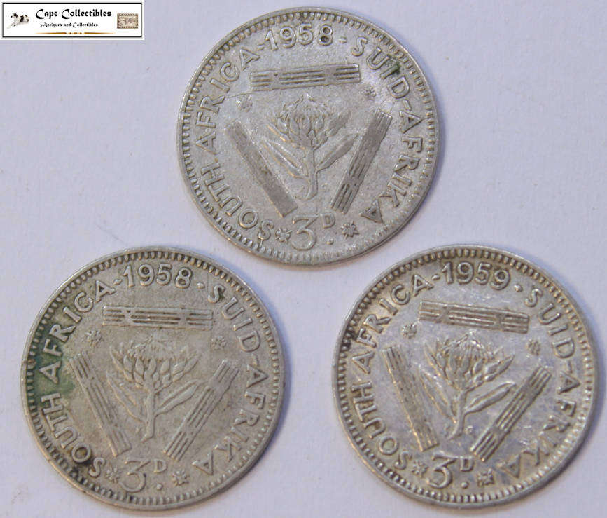 South Africa 3 Pence 1958 x2 & 1959  Coins (Three Coins) Tickey Circulated