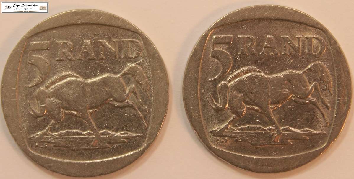 2 x South Africa 5 Rand Coins 1995 Wildebeest (Two Coins) Circulated.