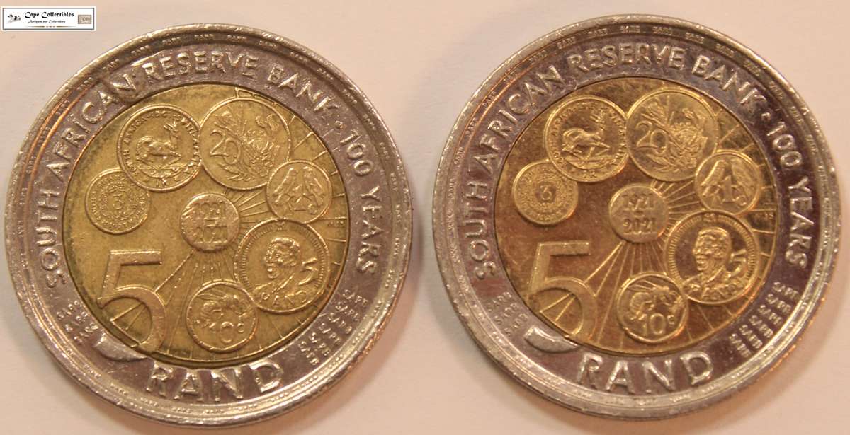 2 x South Africa 5 Rand Coin 2021 South African Reserve Bank 100 Years (Two Coins) Circulated.