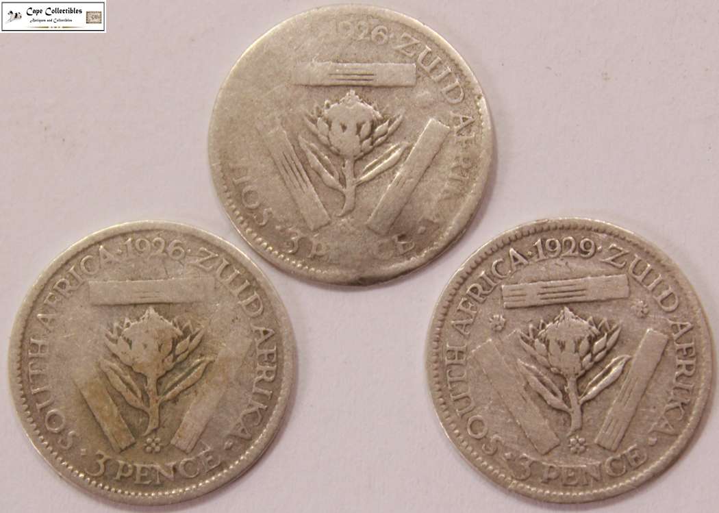South Africa 3 Pence 1926 x2 & 1929 Coins (Three Coins) Circulated