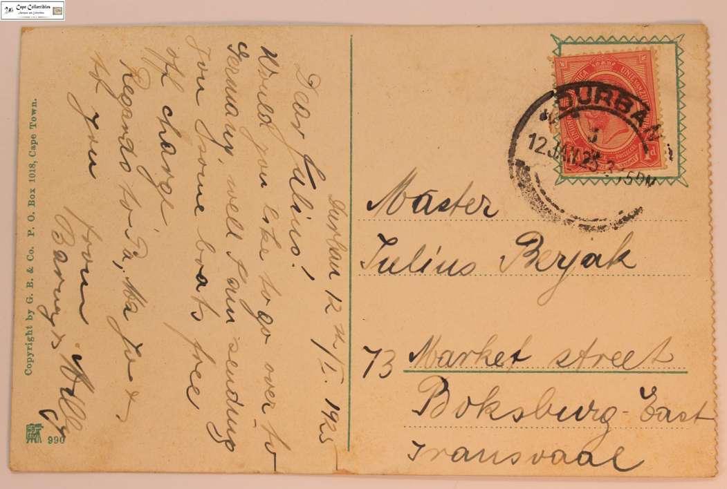 South Africa Edinburgh Castle Postcard 1 Penny 1913 George V Stamp (Scott 03)