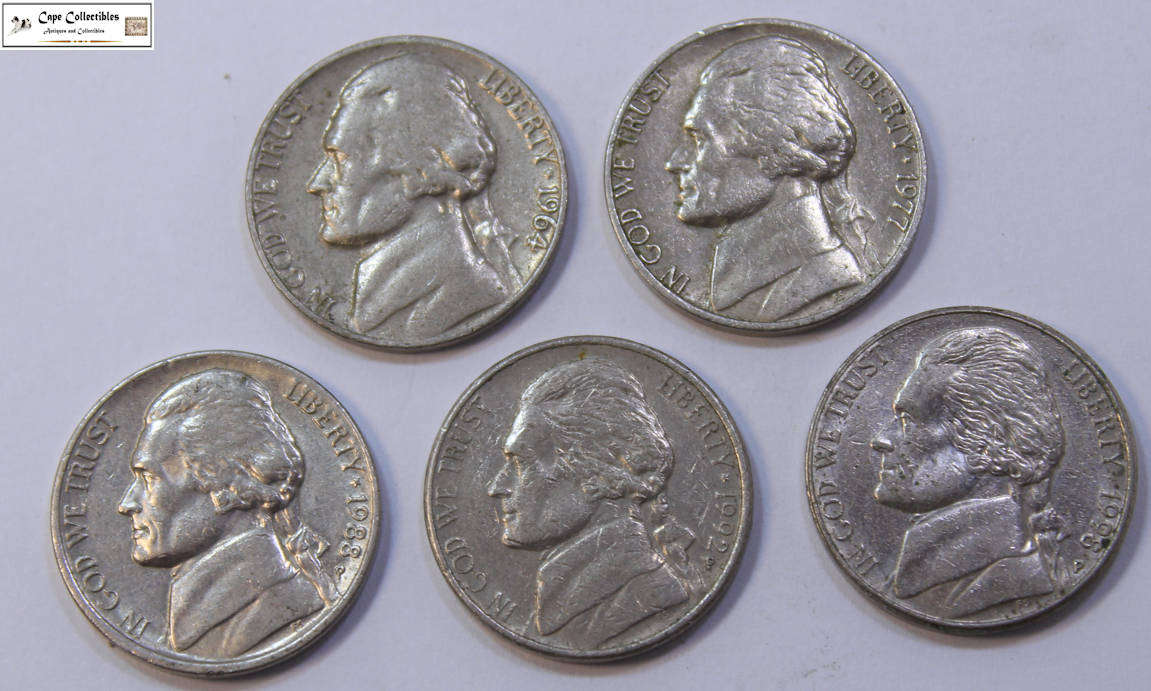 United States 5 Cent 1964/1977/1988/1992/1998 (Five Coins) Circulated