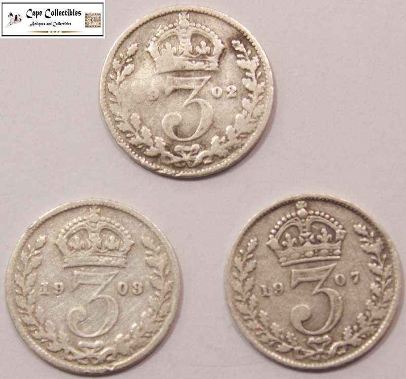 United Kingdom 3 Pence 1902, 1903 & 1907 Coins (Three Coins) Circulated