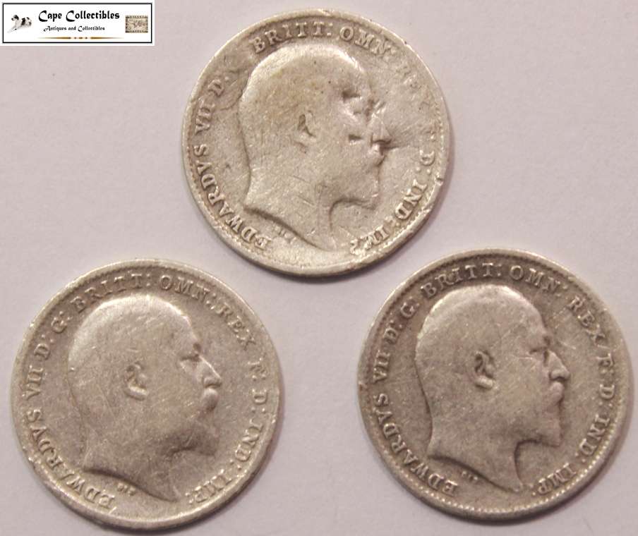 United Kingdom 3 Pence 1902, 1903 & 1907 Coins (Three Coins) Circulated
