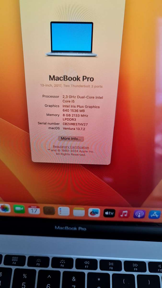 MACBOOK PRO 13 - 2017 MODEL - 8GB MEMORY - 128GB SSD HARD DRIVE