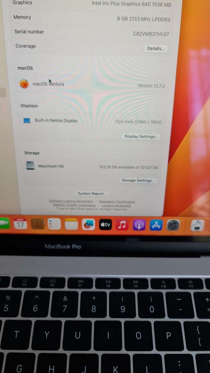 MACBOOK PRO 13 - 2017 MODEL - 8GB MEMORY - 128GB SSD HARD DRIVE