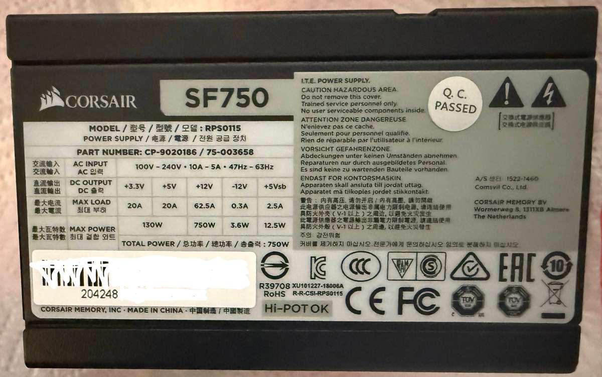 Corsair CP-9020186 SF750 750W 80 Plus Platinum Certified Fully Modular SFX Desktop Power Supply