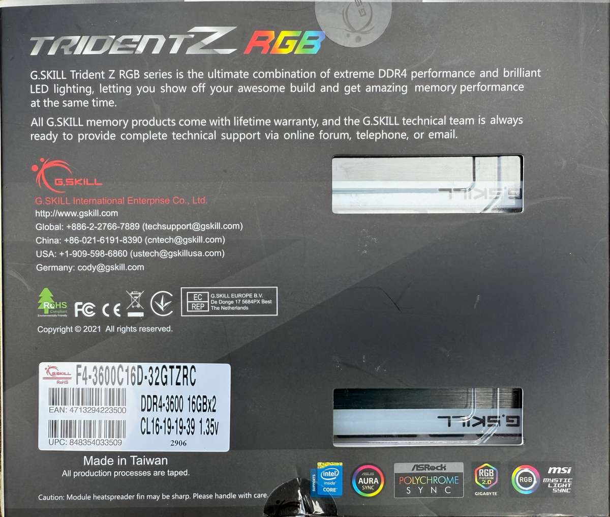 G.Skill F4-3600C16D-32GTZRC Trident Z RGB 32GB (2x16GB) DDR4-3600MHz CL16 1.35V Black Desktop Memory