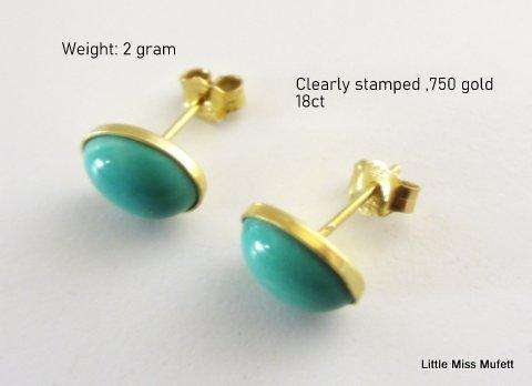 A PAIR OF 18ct GOLD AND TURGUOISE EARRINGS---Clearly marked 750 and machine tested
