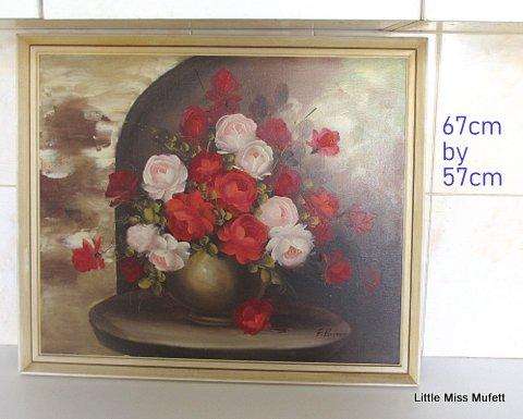 A Beautiful original oil on board of a bowl of red and white roses