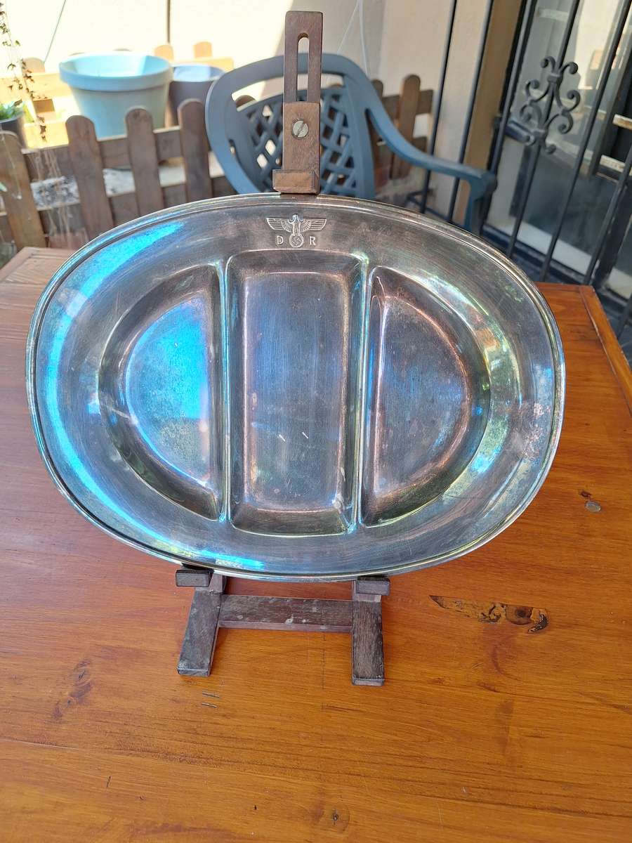 VINTAGE GERMAN MILITARY SERVING DISH ON WOODEN STAND