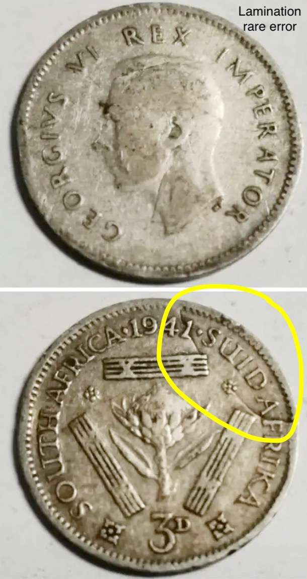 Rare error 1941 SA 3d Tickey. Errors are rare in early SA coins
