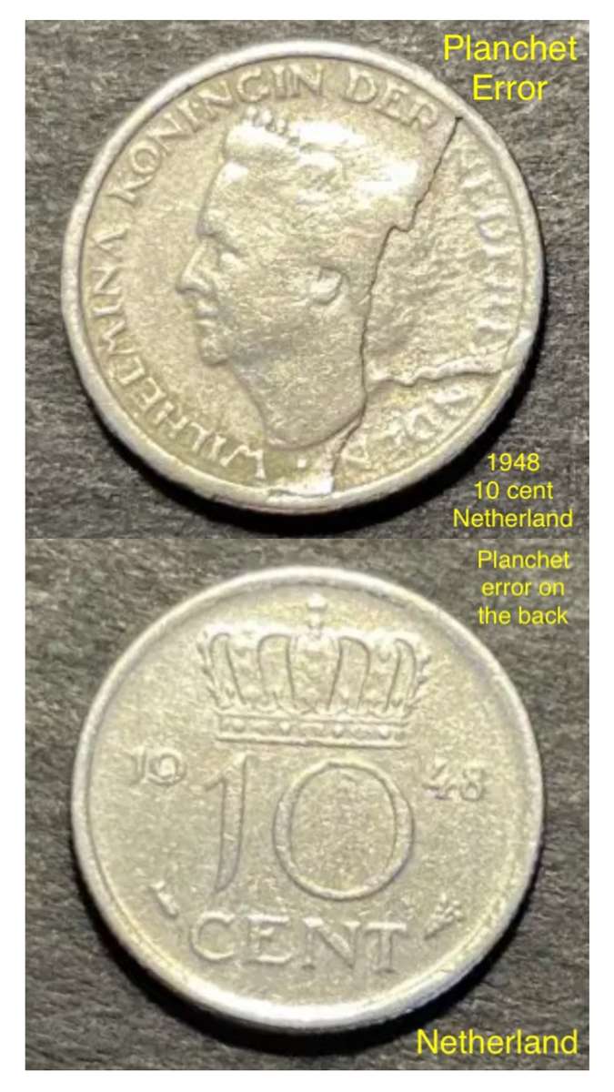 1948 Netherlands 10c. Very rare double level huge lamination error.