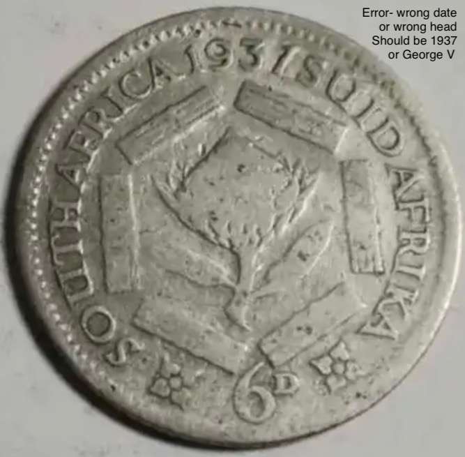 Rare and interesting error "1931" SA 6d sixpence. See with photos.