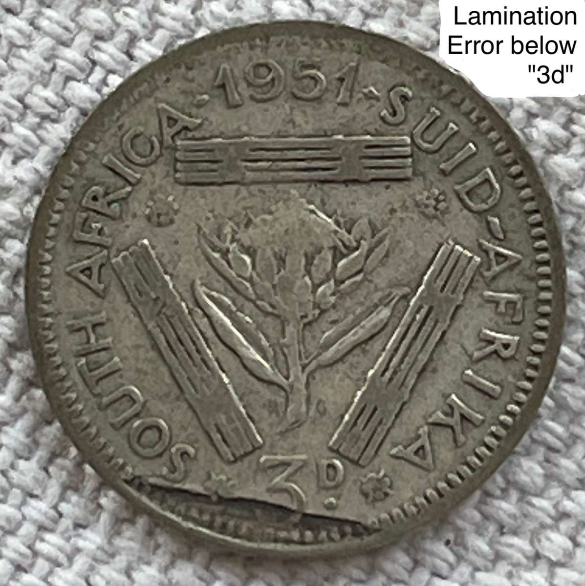 Rare lamination error 1951 SA 3d tickey. Error is below "3d".
